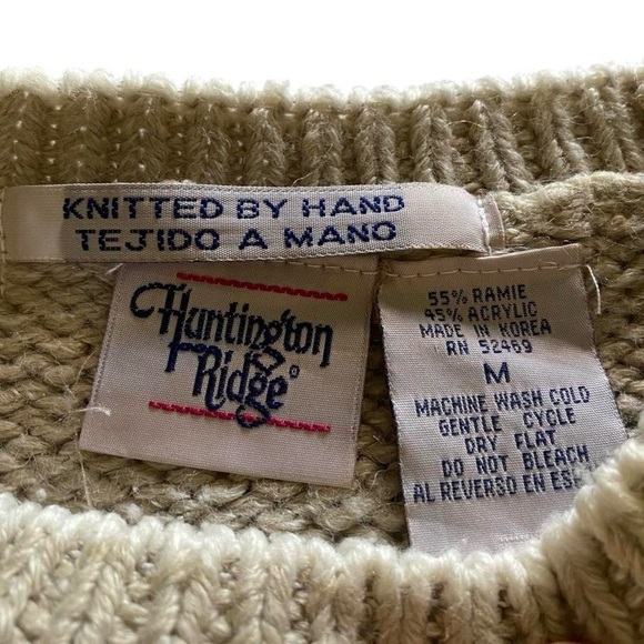 Vintage 90s Women’s Patchwork Fisherman Sweater Hand Knit M Boho Coastal Grandma - Picture 5 of 8